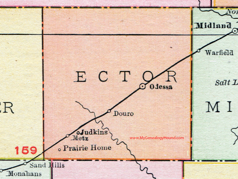 Ector County, Texas, 1911, Map, Odessa, Douro, Judkins, Metz, Prairie Home