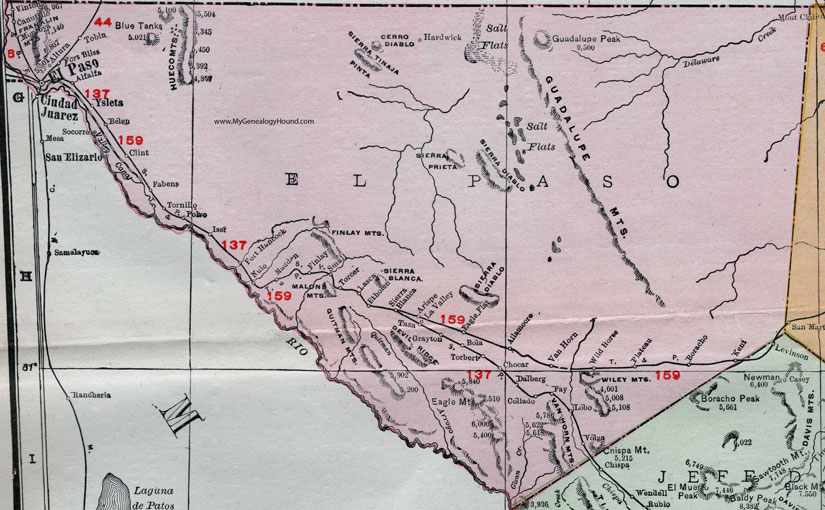 El Paso County, Texas, 1911, Map, Rand McNally, Fort Bliss, Fabens, Socorro, Ysleta, Canutillo, Vinton, Altura, Tornillo, Sierra Blanca, Torcer, Allamoore, Van Horn, Torbert, Wild Horse