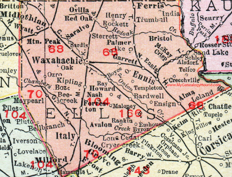 Ellis County, Texas, 1911, Map, Waxahachie, Midlothian, Ennis, Milford, Italy, Ferris, Palmer, Garret, Red Oak, Ovilla, McKay, Avalon, Wyatt