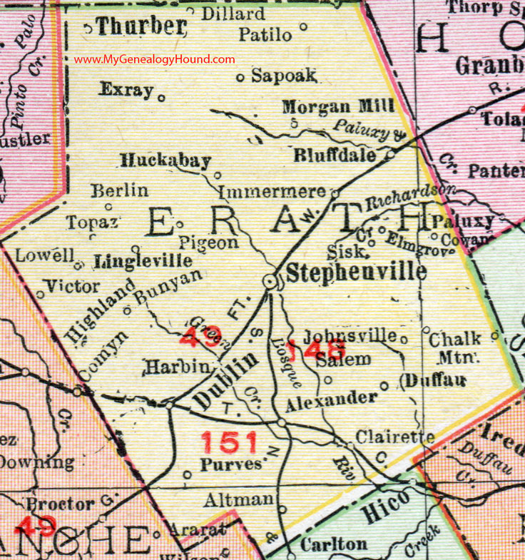 Erath County, Texas, 1911, Map, Stephenville, Dublin, Thurber, Huckabay, Lingleville, Bluff Dale, Morgan Mill, Clairette, Purves, Chalk Mountain, Alexander, Exray