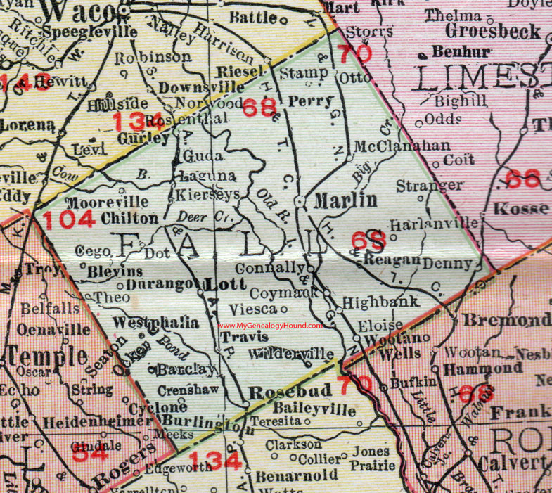 Falls County, Texas, 1911, Map, Marlin, Rosebud, Lott, Chilton, Reagan, Highbank, Perry, Otto, Cego, Gurley, Westphalia, Crenshaw, Travis