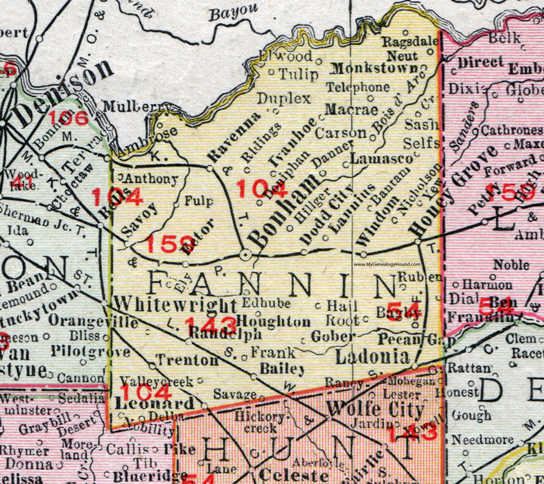 Fannin County, Texas, 1911, Map, Rand McNally, Bonham, Honey Grove, Ladonia, Dodd City, Leonard, Trenton, Randolph, Windom, Savoy, Ravenna, Monkstown, Ector, Ivanhoe, Lamasco