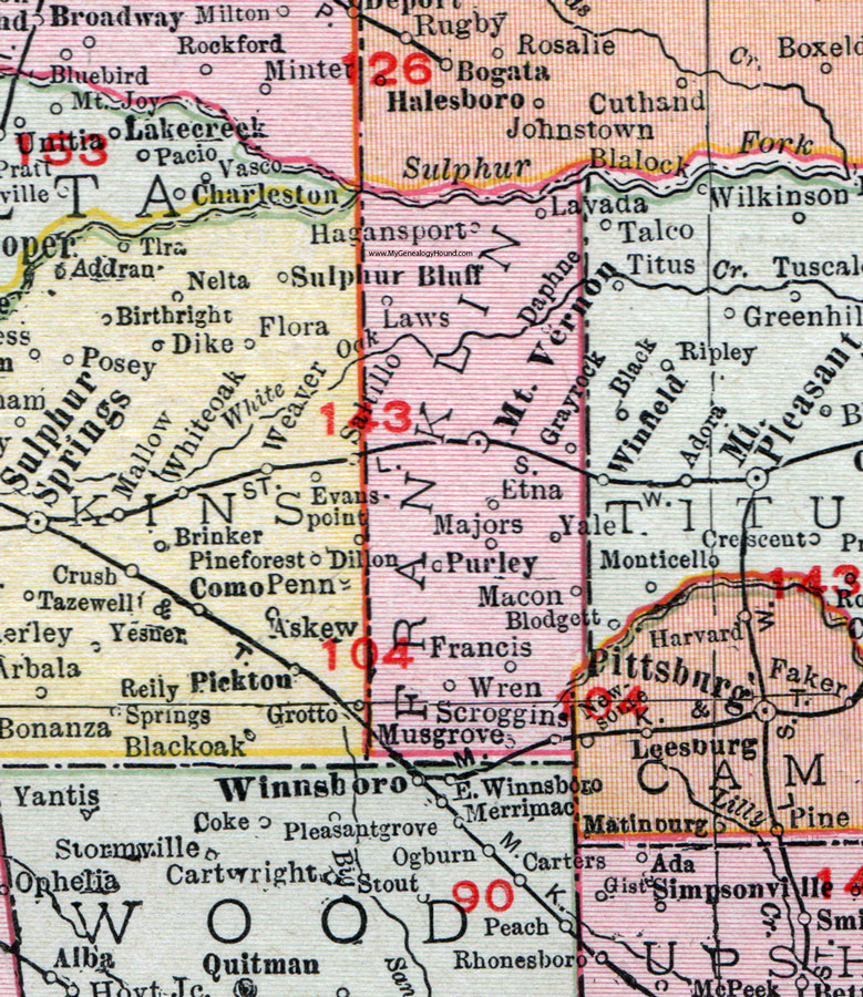 Franklin County, Texas, 1911, Map, Rand McNally, Mt. Vernon, Scroggins, Purley, Lavada, Hagansport, Daphne, Yale, Musgrove, Francis, Macon, Etna, Grayrock, Laws, Wren