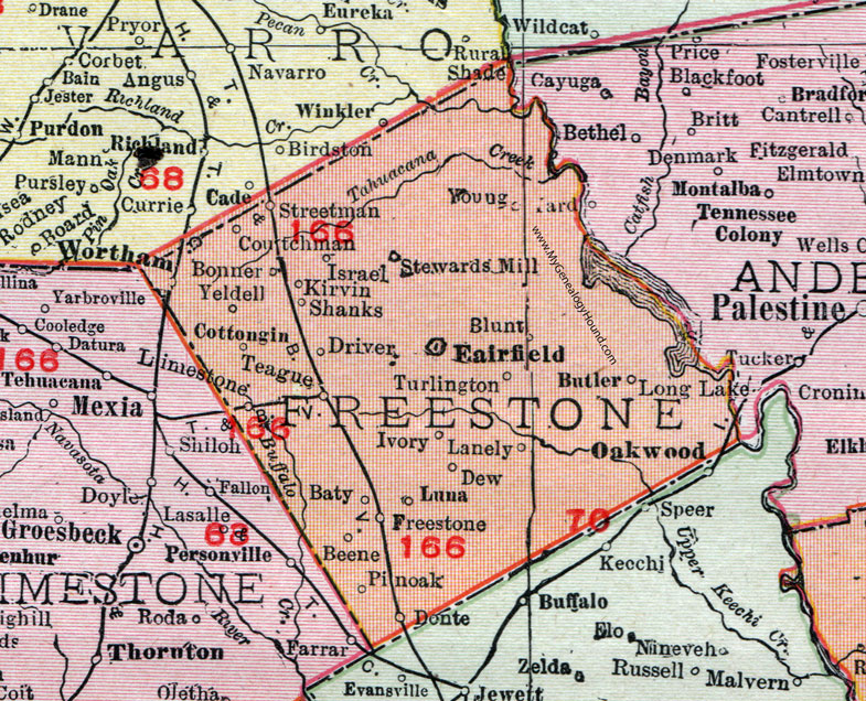 Freestone County, Texas, Map, 1911, Fairfield, Teague, Wortham, Streetman, Kirvin, Dew