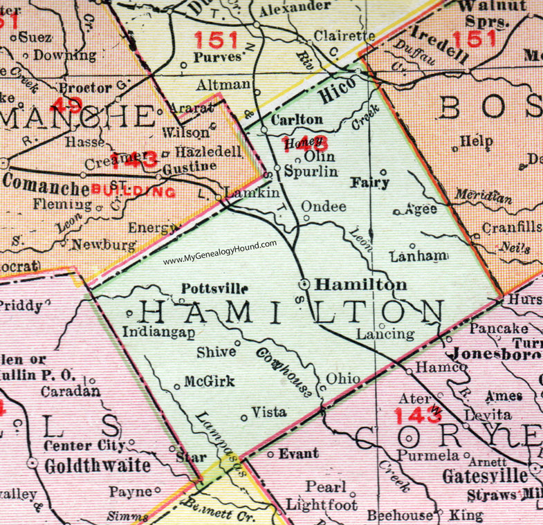 Hamilton County, Texas, Map, 1911, Hamilton City, Hico, Carlton, Olin, McGirk, Spurlin, Pottsville