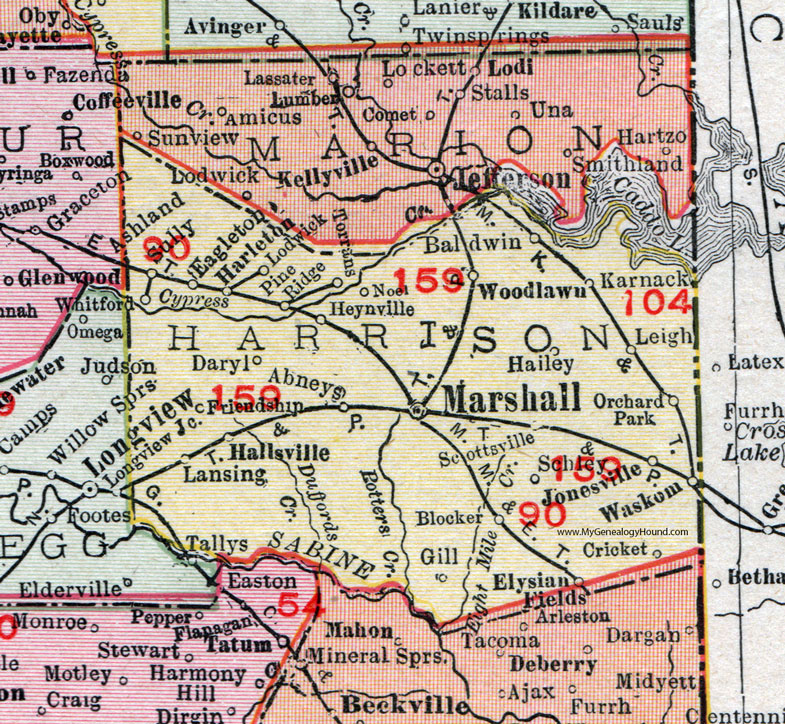 Harrison County, Texas, 1911 Map, Rand McNally, Marshall, Karnack, Waskom, Jonesville, Hallsville, Woodlawn, Harleton, Leigh, Scottsville, Blocker, Heynville, Lodwick, Eagleton, Sully, Elysian Fields