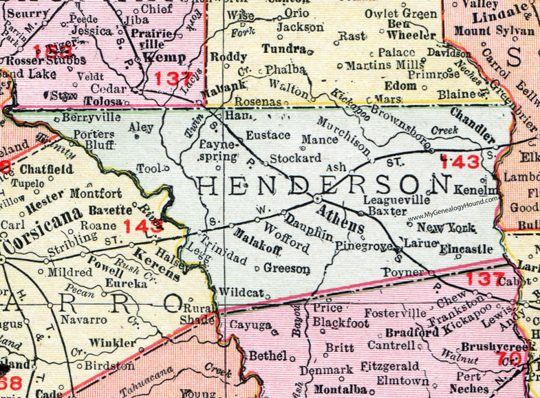 Henderson County, Texas, Map, 1911, Athens, Malakoff, Poynor, Chandler, Brownsboro, Eustace, Murchison