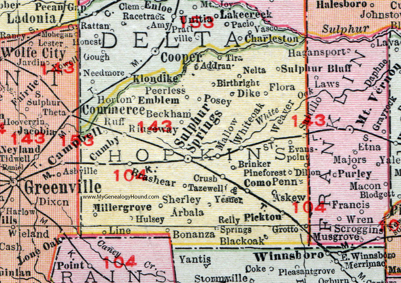 Hopkins County, Texas, 1911, Map, Rand McNally, Sulphur Springs, Cumby, Saltillo, Sulphur Bluff, Dike, Pickton, Como, Brashear, Ridgeway, Birthright, Miller Grove, Bonanza, Addran, Arbala, Grotto