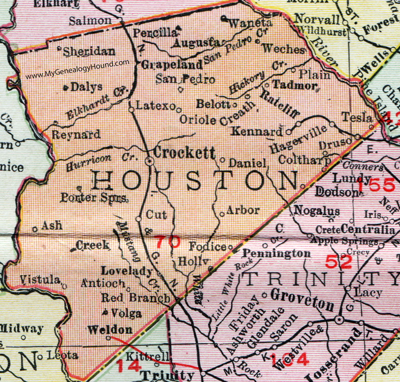 Houston County, Texas, Map, 1911, Crockett, Grapeland, Kennard, Weldon, Ratcliff, Tadmor