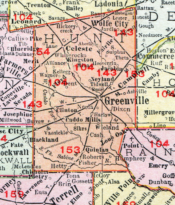 Hunt County, Texas, Map, 1911, Greenville, Wolfe City, Commerce, Campbell, Lone Oak, Quinlan