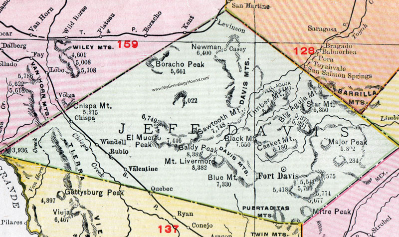 Jeff Davis County, Texas, Map, 1911, Fort Davis, Valentine, Chispa, Rubio, Levinson, Wendell, Casey