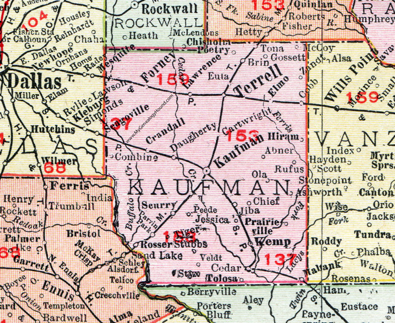 Kaufman County, Texas, Map, 1911, Kaufman City, Terrell, Kemp, Mabank, Forney, Crandall, Rosser