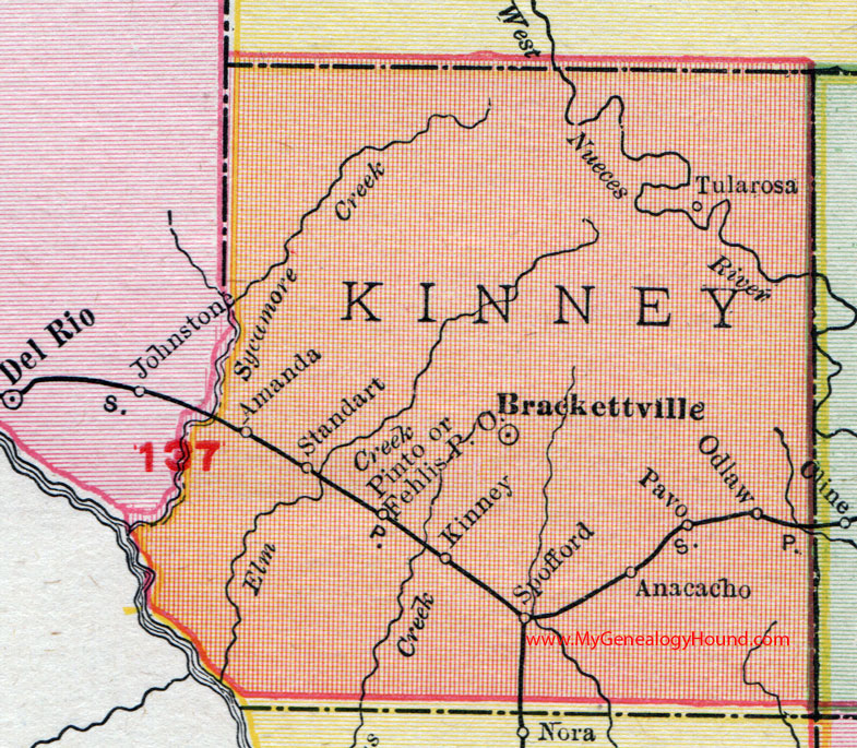 Kinney County, Texas Map 1911 Rand McNally, Brackettville, Spofford, Tularosa, Anacacho, Pavo