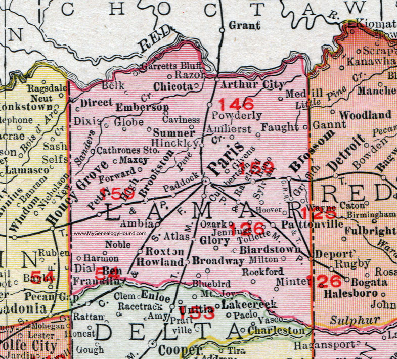 Lamar County, Texas, 1911, Map, Rand McNally, Paris, Blossom, Roxton, Deport, Brookston, Petty, Emberson, Sumner, Pattonville, Howland, Powderly, Arthur City, Biardstown