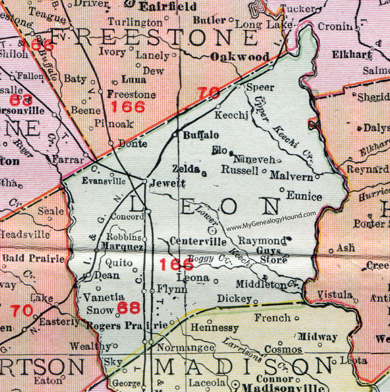 Leon County, Texas, Map, 1911, Centerville, Buffalo, Jewett, Marquez, Normangee, Leona, Oakwood