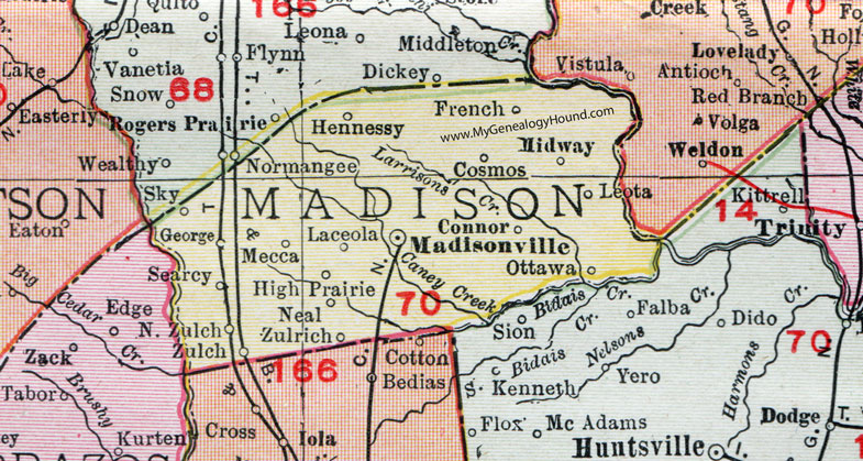 Madison County, Texas, Map, 1911, Madisonville, Midway, North Zulch, Connor, Mecca, Cosmos