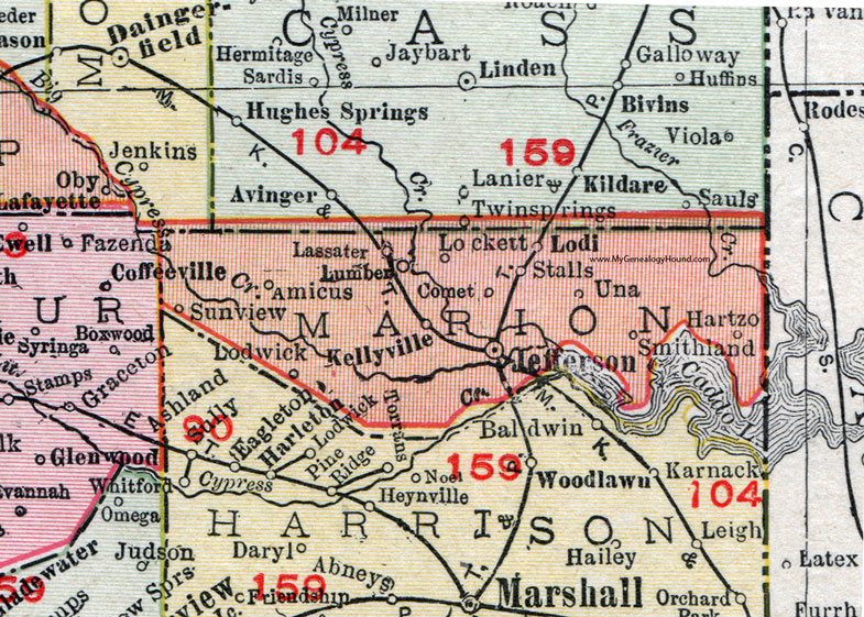 Marion County, Texas, 1911 Map, Rand McNally, Jefferson, Kellyville, Lassater, Comet, Lockett, Lodi, Una, Smithland, Hartzo, Lodwick, Amicus, Sunview