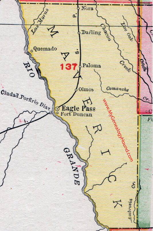 Maverick County, Texas 1911 Map, Rand McNally, Eagle Pass, Fort Duncan, Quemado, Paloma, Darling, Olmos