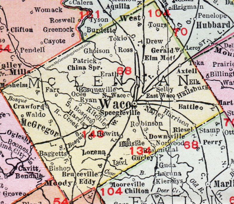 McLennan County, Texas, Map, 1911, Waco, Mart, McGregor, Bruceville, Speegleville, Riesel, Hewitt