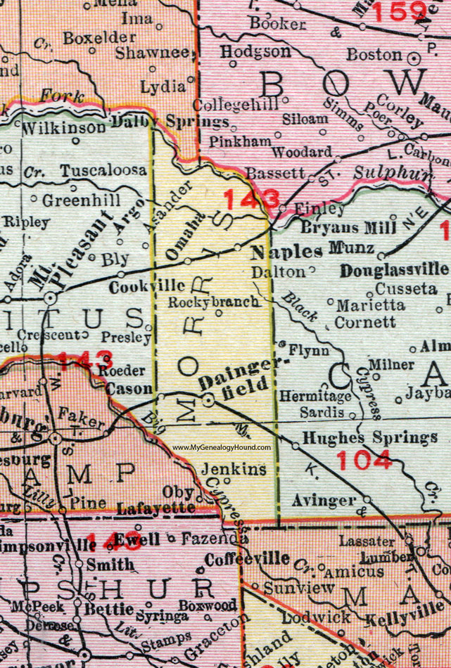Morris County, Texas, 1911, Map, Rand McNally, Daingerfield, Omaha, Naples, Jenkins, Rocky Branch, Cason
