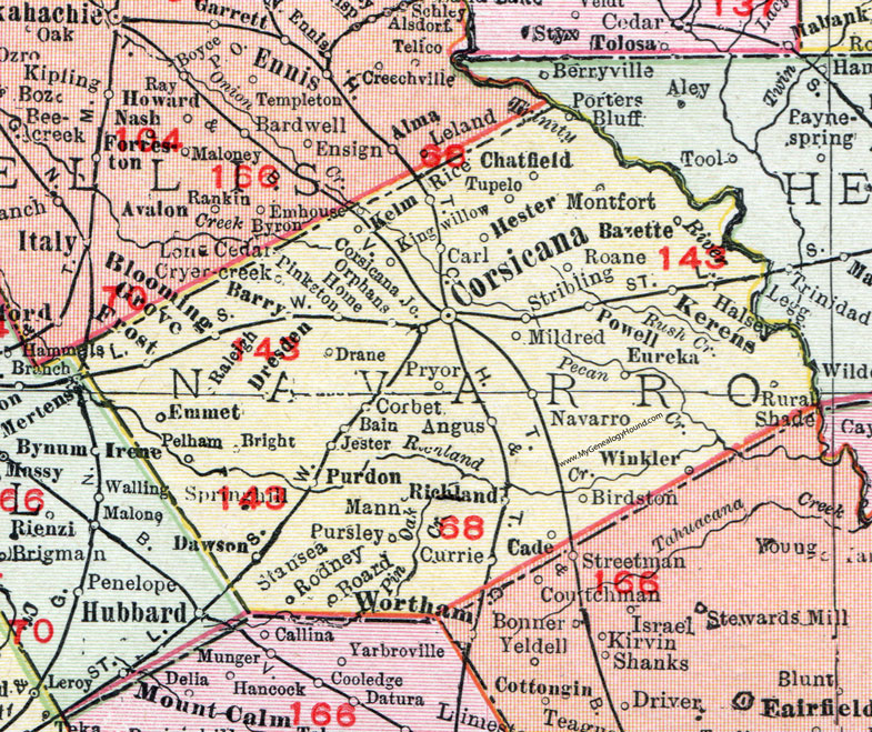 Navarro County, Texas, Map, 1911, Corsicana, Kerens, Dawson, Blooming Grove, Rice, Mildred, Winkler