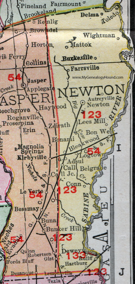 Newton County, Texas, 1911 Map, Rand McNally, Burkeville, Bleakwood, Autreyville, Mattox, Wightman, Toledo, Delma, Farrsville, Lees Mill, Bon Weir, Logtown, Adsul, Belgrade, Conn, Ruliff, Deweyville, Hartburg