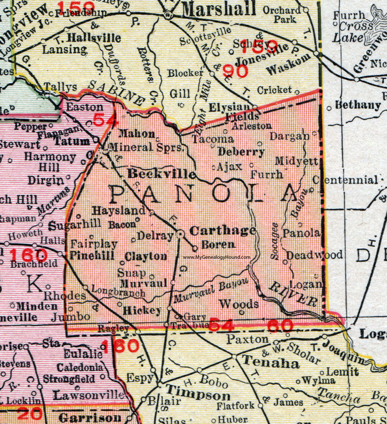 Panola County, Texas, 1911 Map, Rand McNally, Carthage, Beckville, Long Branch, Gary, Clayton, Boren, Panola, Deadwood, Hickey, Trabue, Murvaul, Haysland, Deberry, Midyett, Arleston