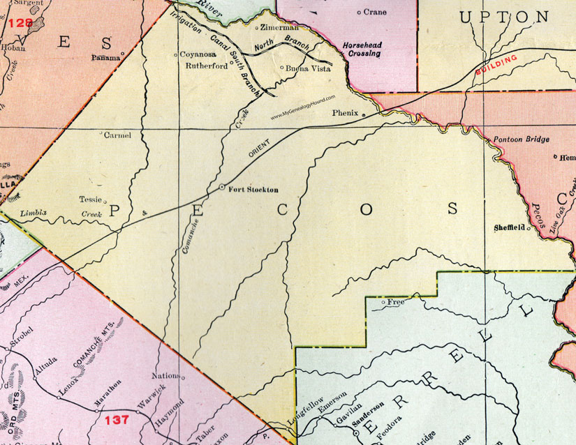 Pecos County, Texas, Map, 1911, Fort Stockton, Sheffield, Longfellow, Coyanosa, Zimerman, Phenix, Buena Vista, Tessie, Rutherford, Carmel
