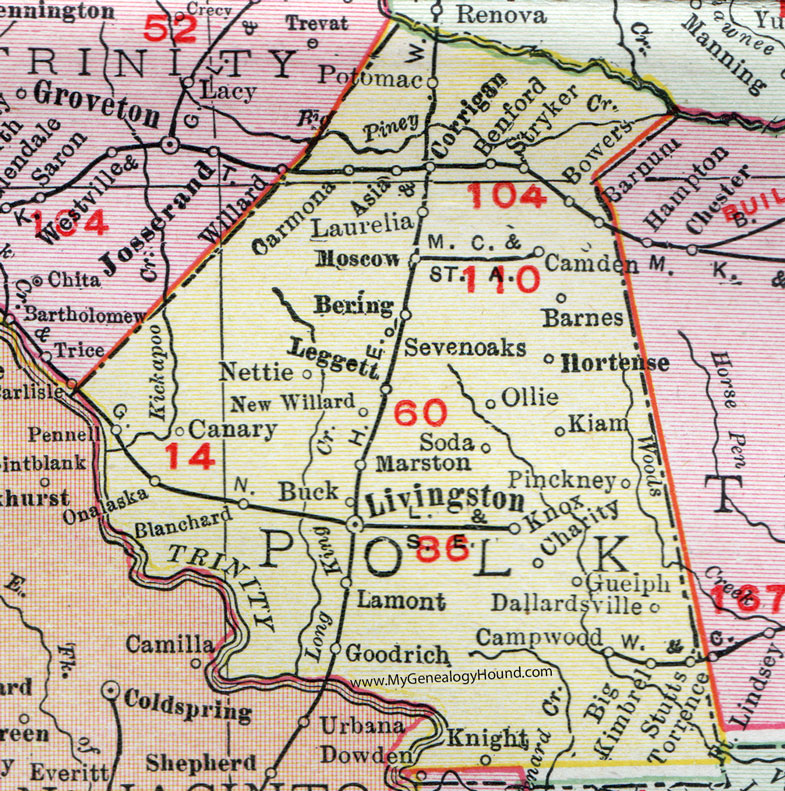 Polk County, Texas, Map, 1911, Livingston, Corrigan, Onalaska, Goodrich, Moscow, Leggett