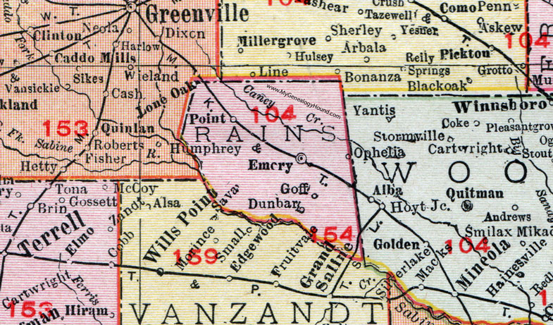 Rains County, Texas, Map, 1911, Emory, Point, Goff, Dunbar, Ophelia