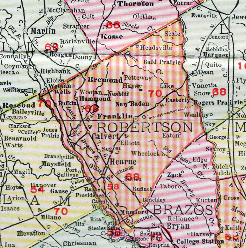 Robertson County, Texas, Map, 1911, Calvert, Franklin, Hearne, Bremond, New Baden, Mumford