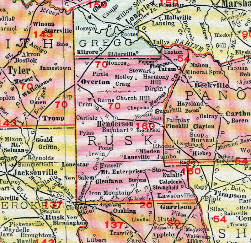 Rusk County, Texas, 1911, Map, Rand McNally, Henderson, Tatum, Mt. Enterprise, Laneville, Minden, Brachfield, Overton, Carlisle, Pylas, Glenfawn, Fussell, Lawsonville, Howeth, Dirgin