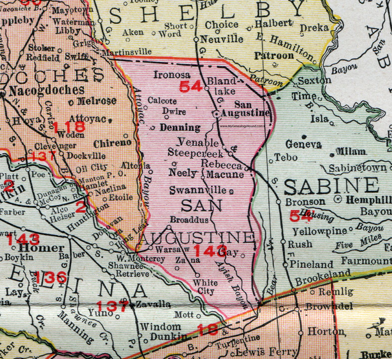 San Augustine County, Texas, 1911 Map, Rand McNally, Broaddus, Denning, Swannville, Bland Lake, Ironosa, Calcote, Dwire, Denning, Venable, Neely, Macune, Warsaw, Altonia, Zana, White City