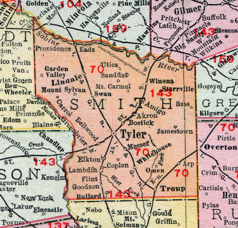 Smith County, Texas, Map, 1911, Tyler, Lindale, Troup, Whitehouse, Flint, Winona, Arp