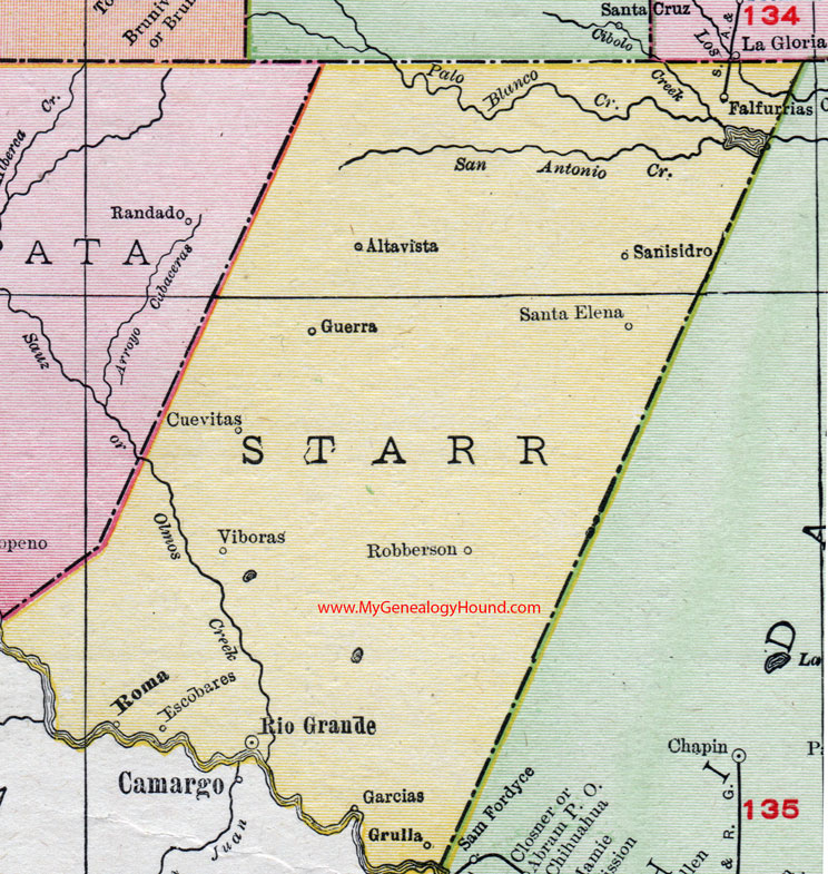 Starr County, Texas 1911 Map, Rand McNally, Rio Grande City, Roma, Garcias, San Isidro, Viboras, Escobares, Altavista