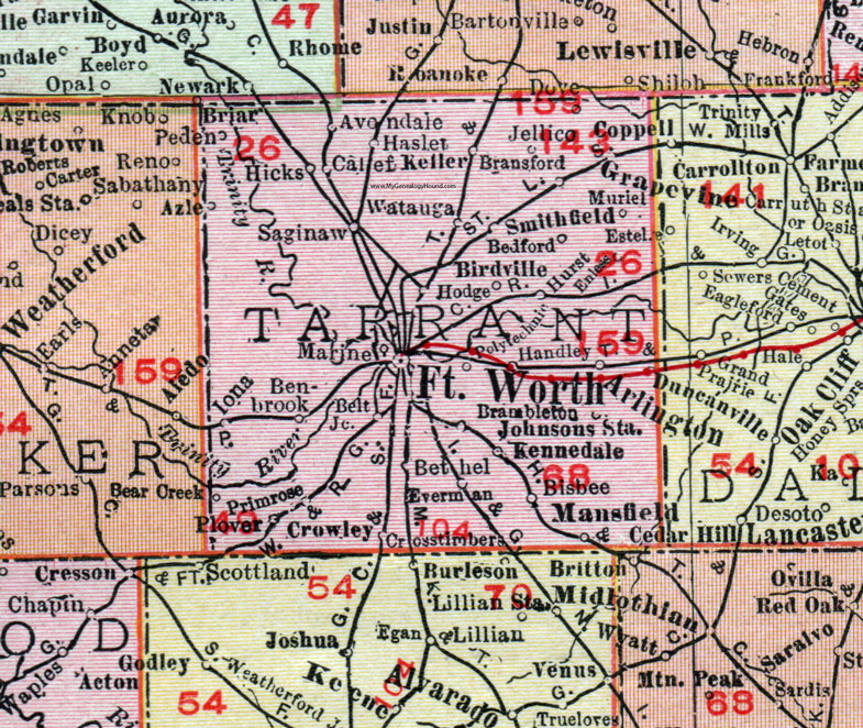 Tarrant County, Texas, 1911 Map, Rand McNally, Fort Worth, Arlington, Grapevine, Keller, Watauga, Bedford, Saginaw, Euless, Hurst, Johnsons Station, Crowley, Benbrook, Peden, Kennedale