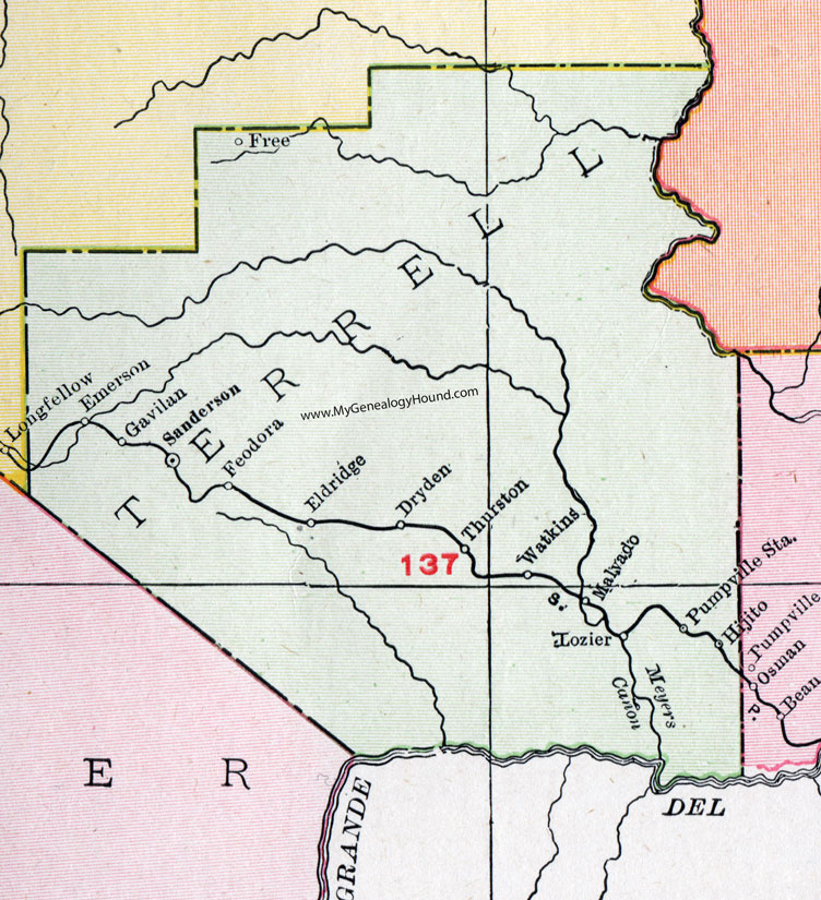 Terrell County, Texas, Map, 1911, Sanderson, Dryden, Emerson, Hijito, Thurston, Feodora, Gavilan