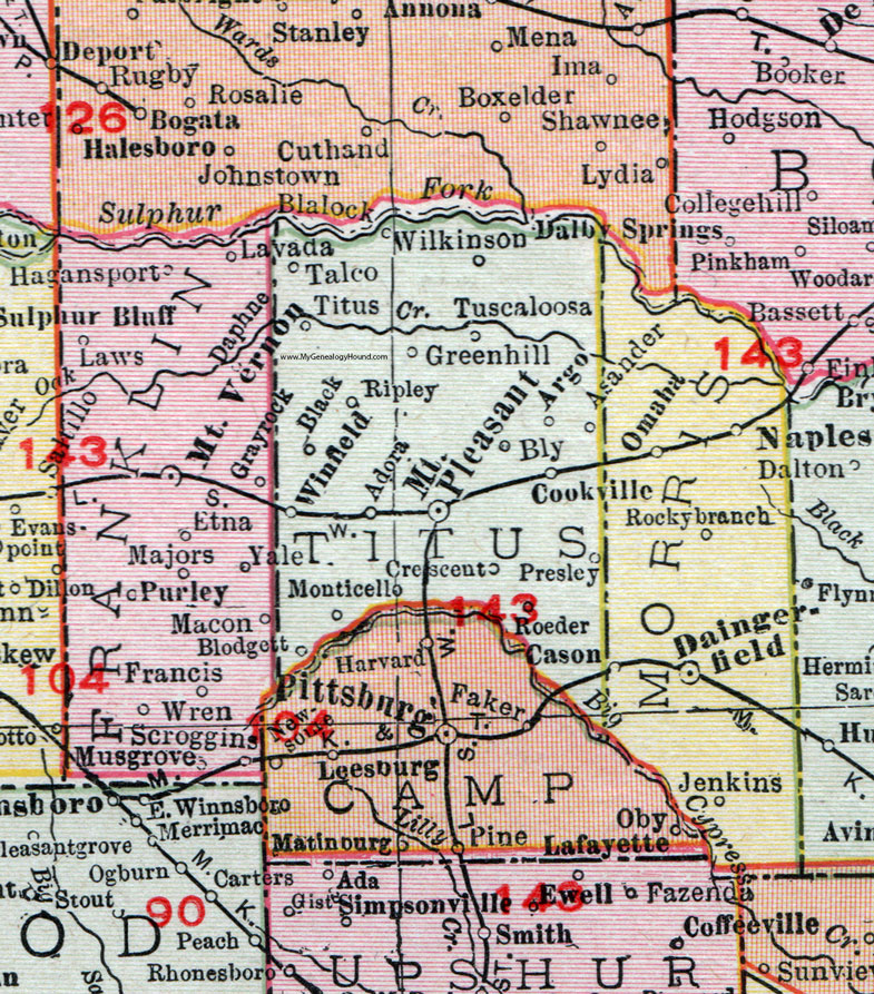 Titus County, Texas, 1911, Map, Rand McNally, Mt. Pleasant, Winfield, Cookville, Argo, Wilkinson, Presley, Roeder, Blodgett, Monticello, Adora, Ripley, Tuscaloosa, Talco, Bly, Asander
