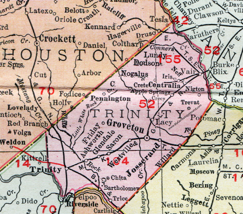 Trinity County, Texas, Map, 1911, Groveton, Trinity City, Josserand, Pennington, Centralia, Nogalus