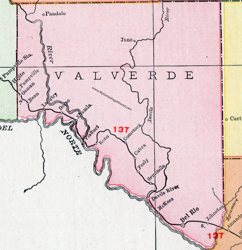 Val Verde County, Texas, Map, 1911, Del Rio, Comstock, Langtry, Juno, Johnstone, Rona, Osman, Shumla