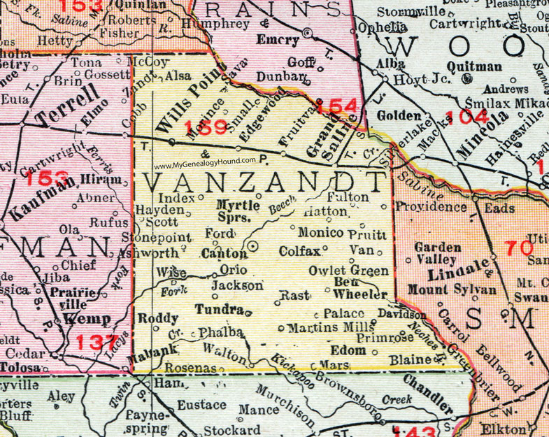 Van Zandt County, Texas, Map, 1911, Canton, Van, Grand Saline, Wills Point, Edgewood, Fruitvale, Ben Wheeler