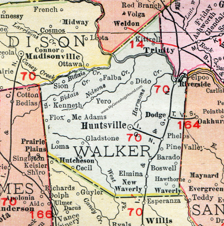 Walker County, Texas, Map, 1911, Huntsville, New Waverly, Riverside, Dodge, Phelps, Hutcheson