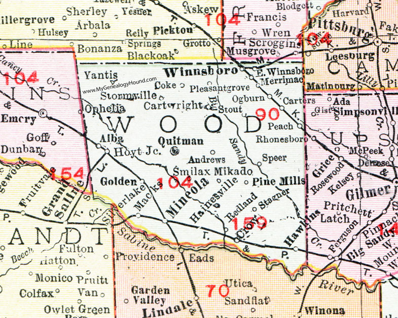 Wood County, Texas, Map, 1911, Quitman, Mineola, Winnsboro, Yantis, Alba, Hawkins, Golden