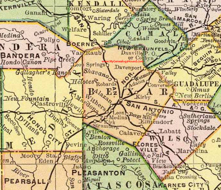 Bexar County, Texas 1897 Map San Antonio, Helotes, Wetmore, Kirby, Robards, Davenport, Elmendorf, Strumberg, Alazan, TX