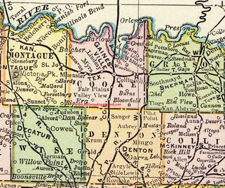 Cooke County, Texas 1897 Map Gainesville, Lindsay, Muenster, Bulcher, Coesfield, Woodbine, Bloomfield, Barlow, Lazarus, Orlena, TX