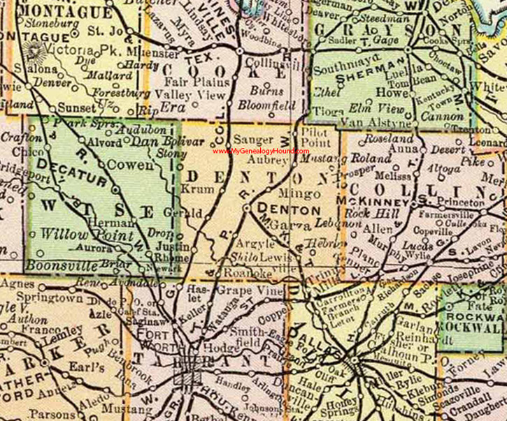 Denton County, Texas 1897 Map Lewisville, Pilot Point, Krum, Sanger, Justin, Roanoke, Hebron, Aubrey, Argyle, TX
