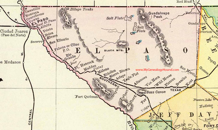 El Paso County, Texas 1897 Map Canutillo, Socorro, San Elizario, Montoya, Ft. Hancock, Sierra Blanca, Fort Quitman, Volga, Dalberg, TX
