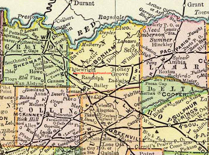 Fannin County, Texas 1897 Map Bonham, Leonard, Trenton, Ladonia, Dodd, Honey Grove, Windom, Randolph, Ragsdale, Savoy, TX