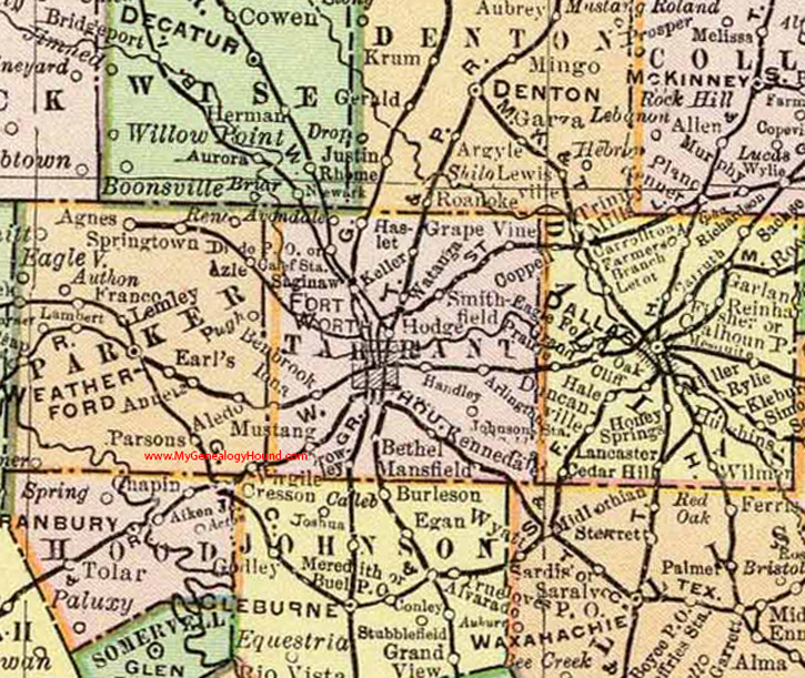Tarrant County, Texas 1897 County Map Fort Worth, Saginaw, Watauga, Keller, Grapevine, Mansfield, Crowley, Arlington, Handley, TX