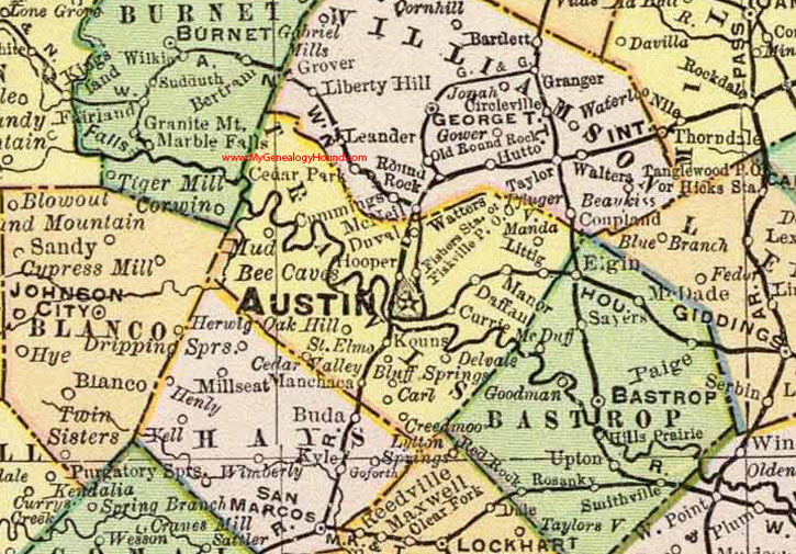 Travis County, Texas 1897 Map Austin, Oak Hill, Bee Caves, McNeil, Duval, Kouns, St. Elmo, Hooper, Pflugerville, Creedmoor, TX